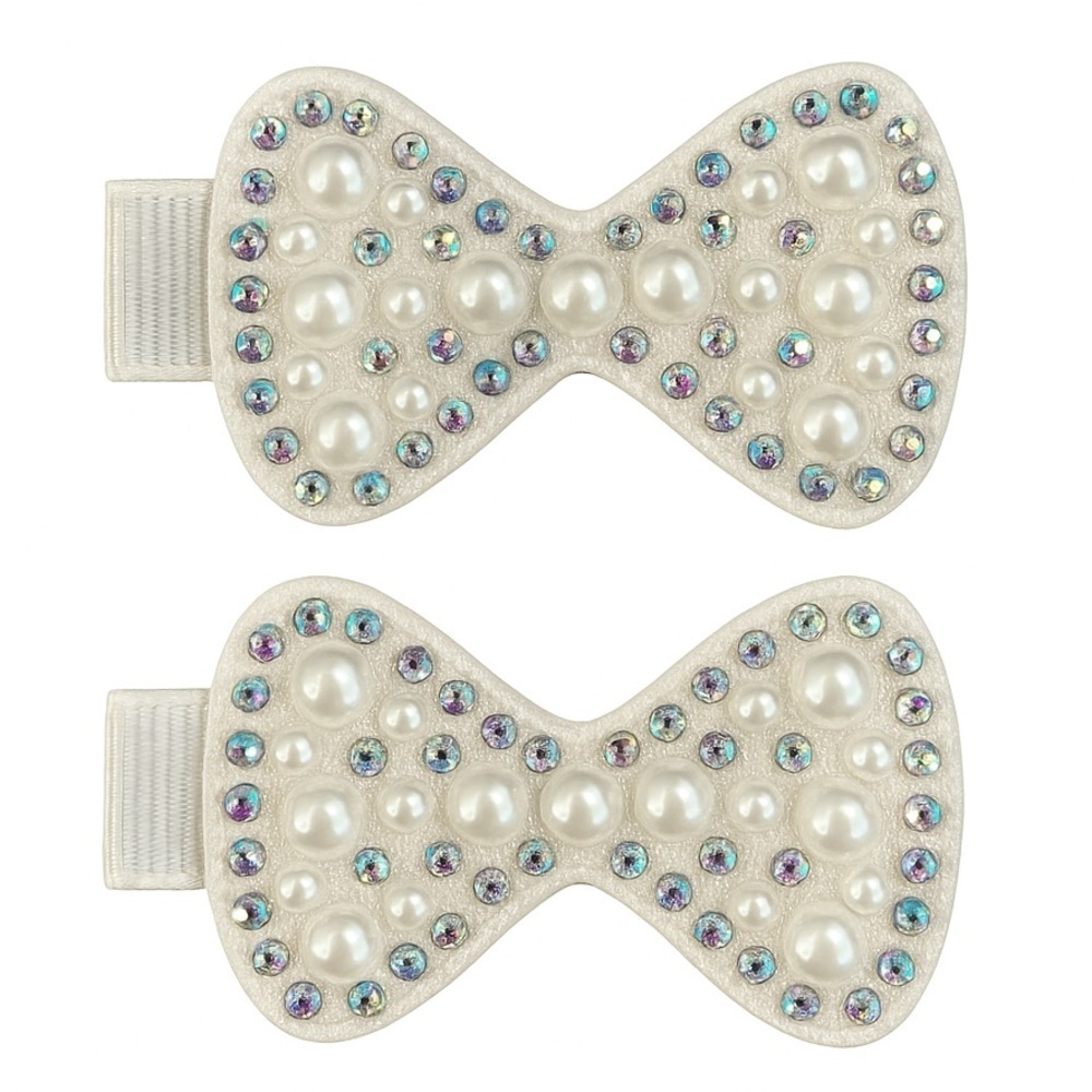 White Bow Hair Clips With Pearls And Rhinestones